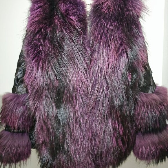 Genuine Sectioned Black Mink Fur Jacket Coat Purple Raccoon Collar Cuffs No Fox - Picture 3 of 6